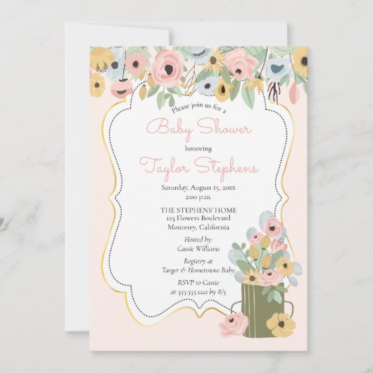 Garden Floral Pink | Yellow Bouquet Baby shower Kaart (Voorkant)