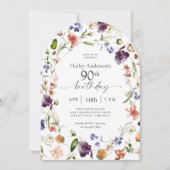 Garden Flowers Botanical Script 90th Birthday Kaart (Voorkant)