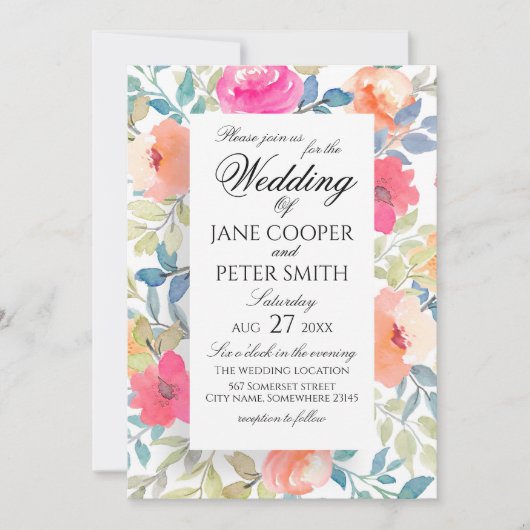 Garden flowers watercolours Wedding Invitation Kaart (Voorkant)