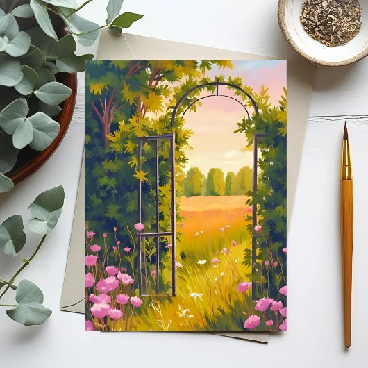 Garden Gate | Pink Flowers Botanical Watercolor Briefkaart