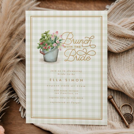 Garden Gingham Sage Gold Vrijgezellenfeest Brunch Kaart