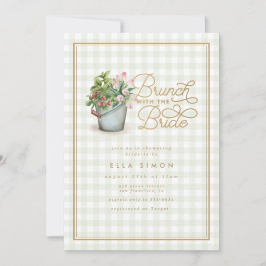 Garden Gingham Sage Gold Vrijgezellenfeest Brunch Kaart (Voorkant)