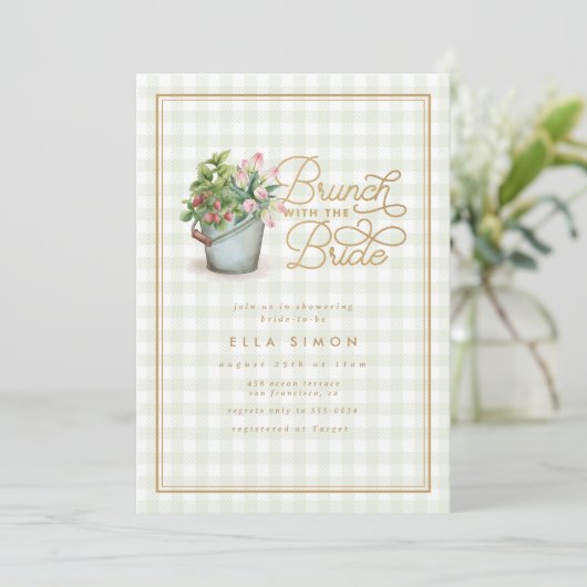 Garden Gingham Sage Gold Vrijgezellenfeest Brunch Kaart (Staand voorkant)