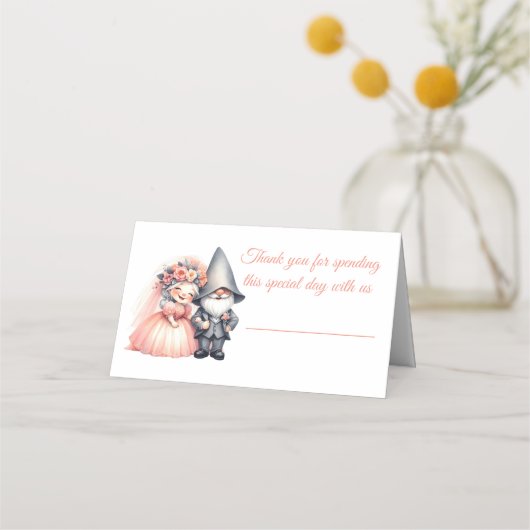 Garden Gnome Woodland Sinaasappel Trouwtafel Escor Plaatskaartje (Voorkant)