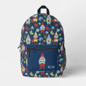 Garden Gnomes en Flowers Navy Blue Patterned Bedrukte Rugzak (Voorkant)