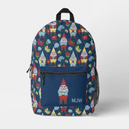 Garden Gnomes en Flowers Navy Blue Patterned Bedrukte Rugzak