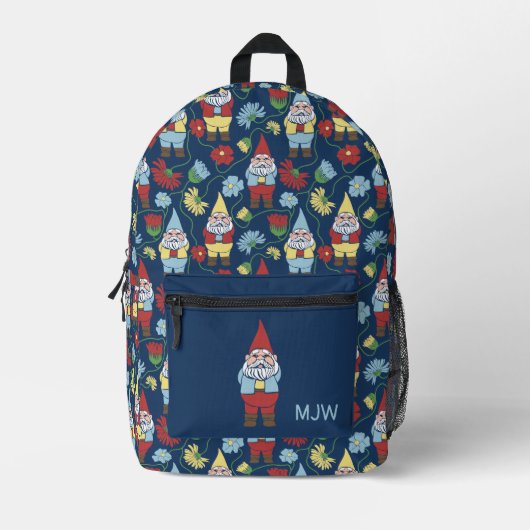 Garden Gnomes en Flowers Navy Blue Patterned Bedrukte Rugzak (Voorkant)