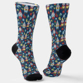 Garden Gnomes en Flowers Navy Blue Patterned Sokken (Gebogen)