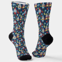 Garden Gnomes en Flowers Navy Blue Patterned