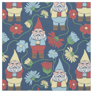 Garden Gnomes met Flowers Navy Blue Patterned Stof