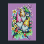 Garden Gnomes with Parrots and Spring Florals Briefkaart<br><div class="desc">A vibrant and detailed digital illustration featuring three charming garden gnomes with long white beards and colorful tall hats in pink, gold, and yellow. The gnomes are surrounded by a lush arrangement of spring flowers, including yellow daffodils, pink tulips, and white cherry blossoms. Several brightly colored parrots—red macaws and a...</div>