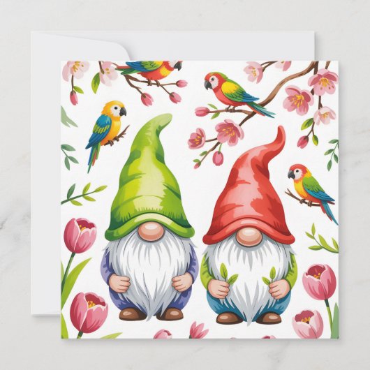 Garden Gnomes with Tropical Parrots  Feestdagenkaart (Voorkant)