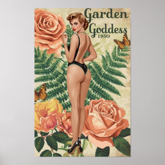 Garden Goddess 1950 – Retro Pin-Up Botanical Colla Poster (Voorkant)