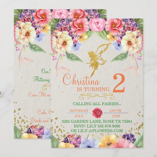 Garden Golden Fairy Birthday of Shower Invitation Kaart (Voorkant / Achterkant)