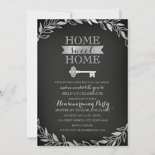 Garden Key Silver Chalkboard Housewarming Uitnodig Kaart (Voorkant)