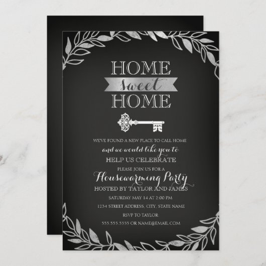 Garden Key Silver Chalkboard Housewarming Uitnodig Kaart (Voorkant / Achterkant)
