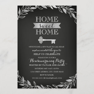 Garden Key Silver Chalkboard Housewarming Uitnodig Kaart