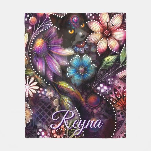 Garden Kitty Cat Floral Abstract Personalized Fleece Deken (Voorkant)