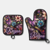 Garden Kitty Cat Floral Abstract Personalized Ovenwant & Pannenlap Set (Voorkant)