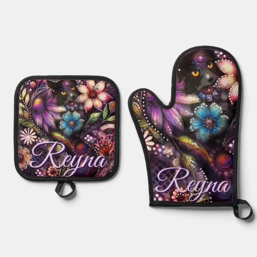 Garden Kitty Cat Floral Abstract Personalized Ovenwant & Pannenlap Set (Voorkant)