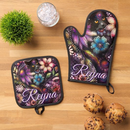 Garden Kitty Cat Floral Abstract Personalized Ovenwant & Pannenlap Set (Top down)