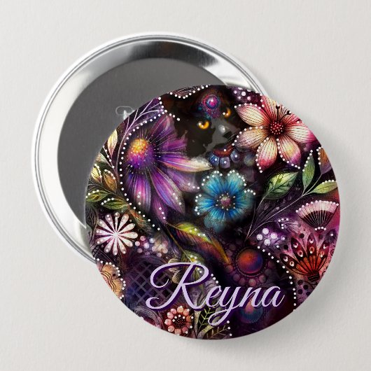 Garden Kitty Cat Floral Abstract Personalized Ronde Button 4,0 Cm (Voorkant /achterkant)