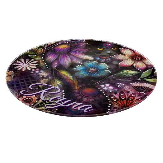 Garden Kitty Cat Floral Abstract Personalized Snijplank (Hoek)