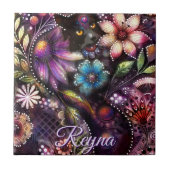 Garden Kitty Cat Floral Abstract Personalized Tegeltje (Voorkant)