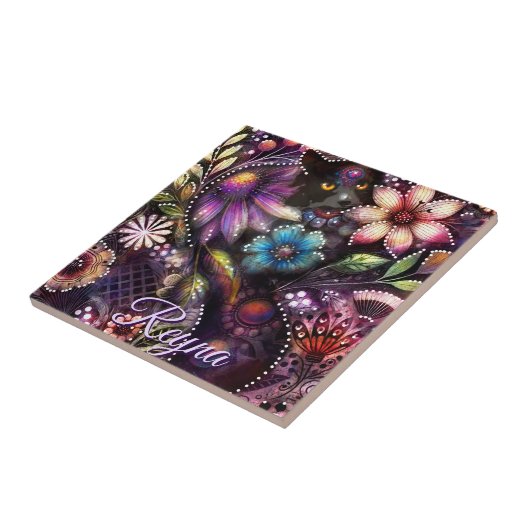 Garden Kitty Cat Floral Abstract Personalized Tegeltje (Zijkant)