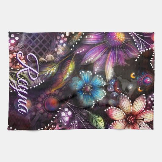 Garden Kitty Cat Floral Abstract Personalized Theedoek (Horizontaal)