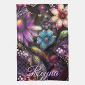 Garden Kitty Cat Floral Abstract Personalized Theedoek (Verticaal)