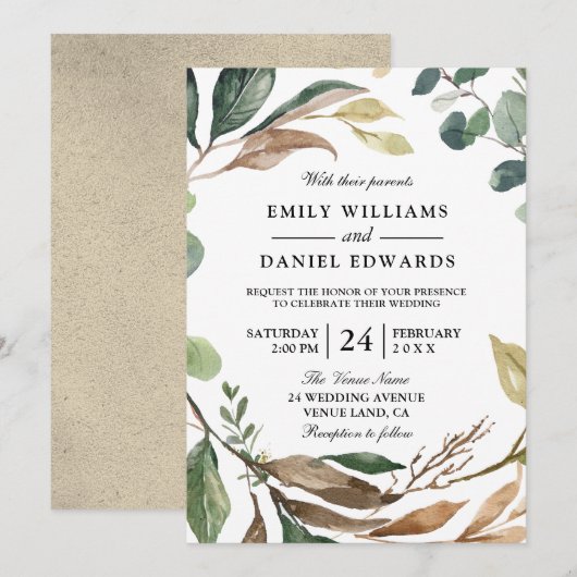 Garden Leaf Wreath Elegant Herfst of Spring Weddin Kaart (Voorkant / Achterkant)