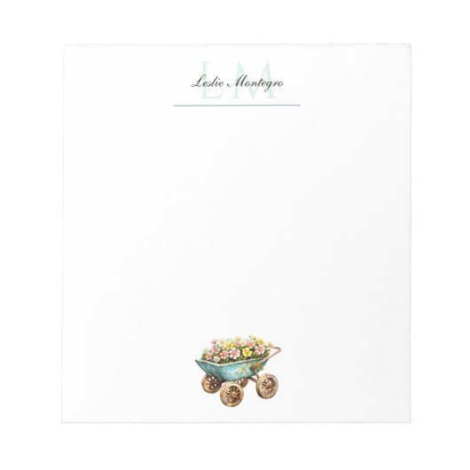 Garden Lover's Wheelbarrow Floral Monogram Notitieblok (Voorkant)