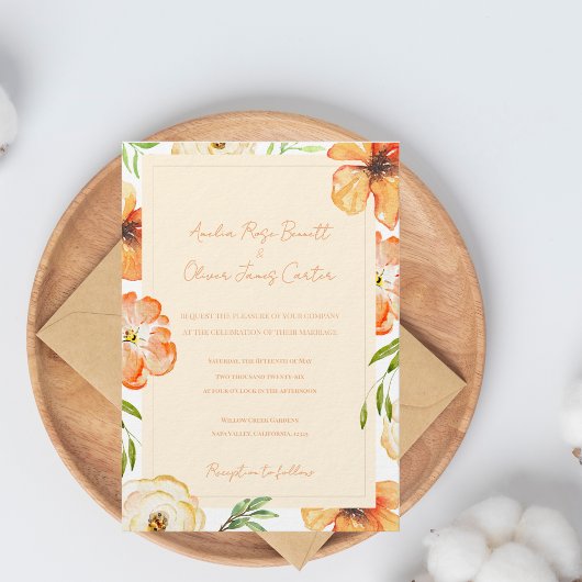 Garden Meadow Soft Peach Floral Wedding Invitation Kaart