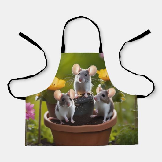 Garden Mischief: drie muizen in bloempotten Schort (Voorkant)