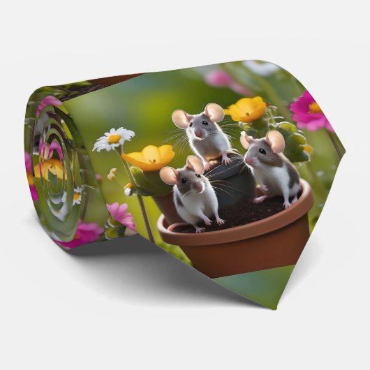Garden Mischief: drie muizen in bloempotten Stropdas (Opgerold)