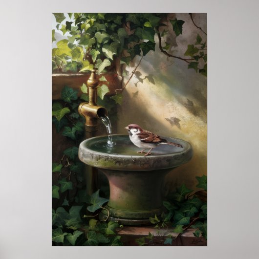 Garden Oasis: The Sparrow at the Fountain Poster (Voorkant)