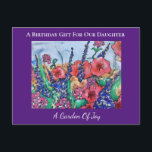 Garden of Joy Lavender Daughter Verjaardag Briefka Briefkaart<br><div class="desc">Geef je kind een vreugdetuin op een briefkaart voor de ultieme verjaardagswens. Bloemenliefhebbers en tuinders zullen genieten van het prachtige waterverf schilderij met levendige rode, blauwe, paarse en groene abstracte kleuren. Stijlvol en modern, de kaart is een vreugdevolle aanblik van klaprozen, wilde rozen en lavendel op weg naar een paarse...</div>