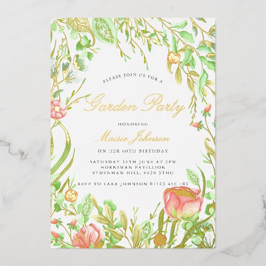  Garden Party Birthday Invitation Gold Folie Uitnodiging (Voorkant)