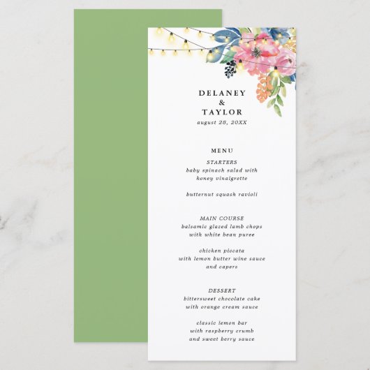 Garden Party, Flowers and Twinkle Lights Wedding Menu (Voorkant / Achterkant)