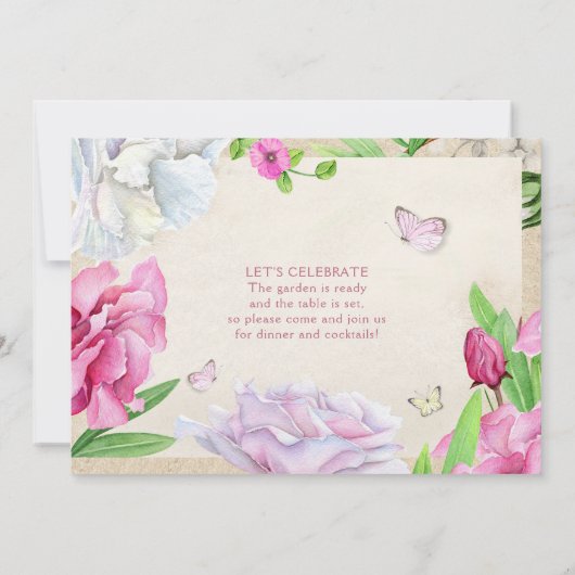 Garden Party Roze Bloemen Met Vlinders Uitnodigen Kaart (Achterkant)