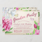 Garden Party Roze Bloemen Met Vlinders Uitnodigen Kaart (Voorkant / Achterkant)