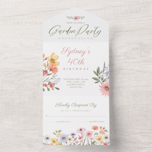Garden Party Waterverf Wilde bloemen Birthday All In One Uitnodiging (Binnen)