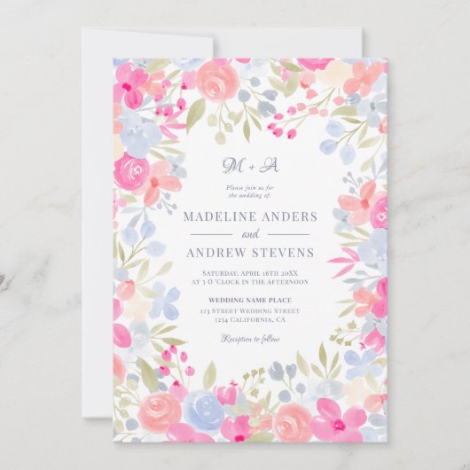 Garden pastel wilde bloemen foto's Qr code bruilof Kaart (Voorkant)