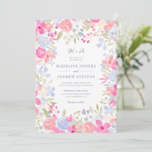 Garden pastel wilde bloemen foto's Qr code bruilof Kaart (Staand voorkant)