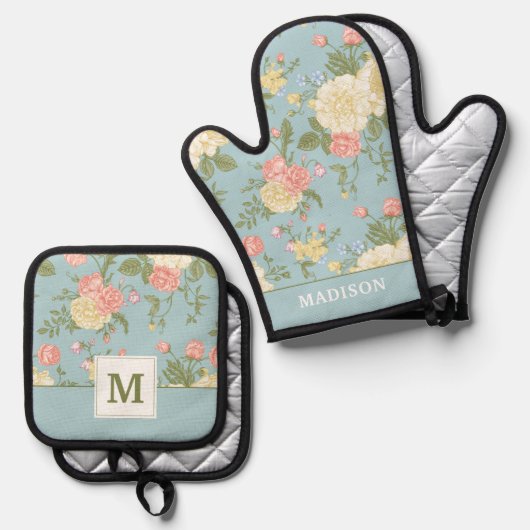 Garden Peony Floral Pattern Ovenwant & Pannenlap Set (Voorkant / Achterkant)