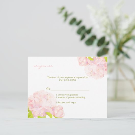Garden Peony Pink Wedding RSVP Kaart (Staand voorkant)