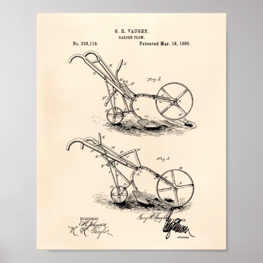 Garden Plough 1886 Patent Art Old Peper Poster (Voorkant)