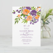 Garden Purple Orange Floral photos Qr code wedding Kaart (Staand voorkant)