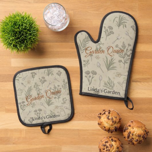 Garden Queen gepersonaliseerd cadeau Ovenwant & Pannenlap Set (Top down)